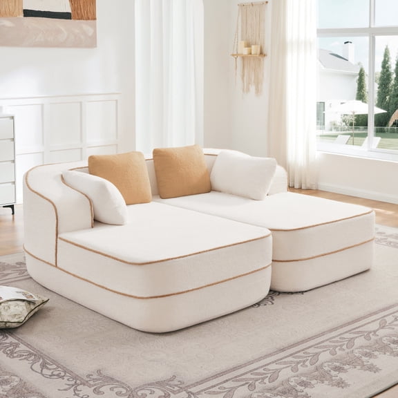 77.2" Teddy Fabric No Assembly 32D High Density sponge Boneless Sofa,Fluffy Comfy Couch with double Chaises,Sleeper sofa,Contrast color design,Symmetrical aesthetics,for Living Room,White