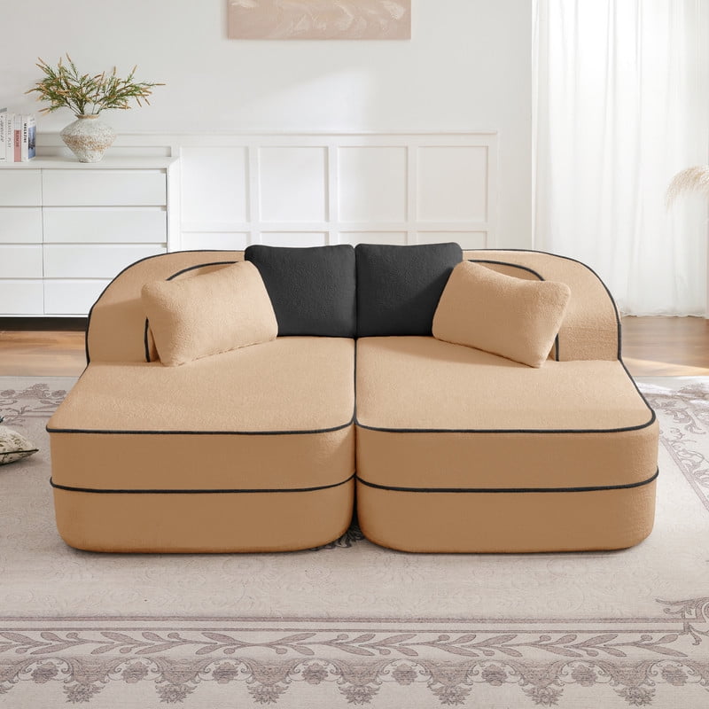 77.2" Teddy Fabric No Assembly 32D High Density sponge Boneless Sofa,Fluffy Comfy Couch with double Chaises,Sleeper sofa,Contrast color design,Symmetrical aesthetics,for Living Room,Camel