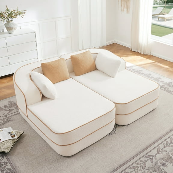 77.2" White Teddy Fabric Modular Sectional Sofa - No Assembly Sleeper Couch with Double Chaises, 32D High-Density Sponge, Ergonomic Curved Design, Fluffy & Comfy for Living Room