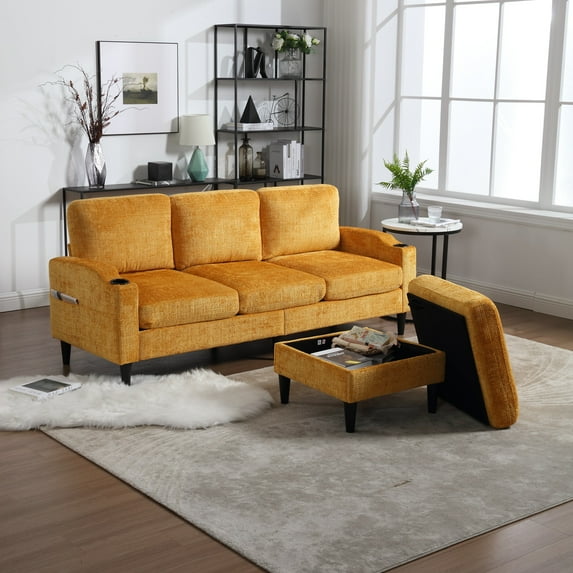 77.36" Modular Sectional Sofa, Modern L-Shaped Couch with Movable Storage Ottoman, Pockets and Cup Holders, Cozy Sectional Sofa Couches for Living Room, Bedroom, Yellow