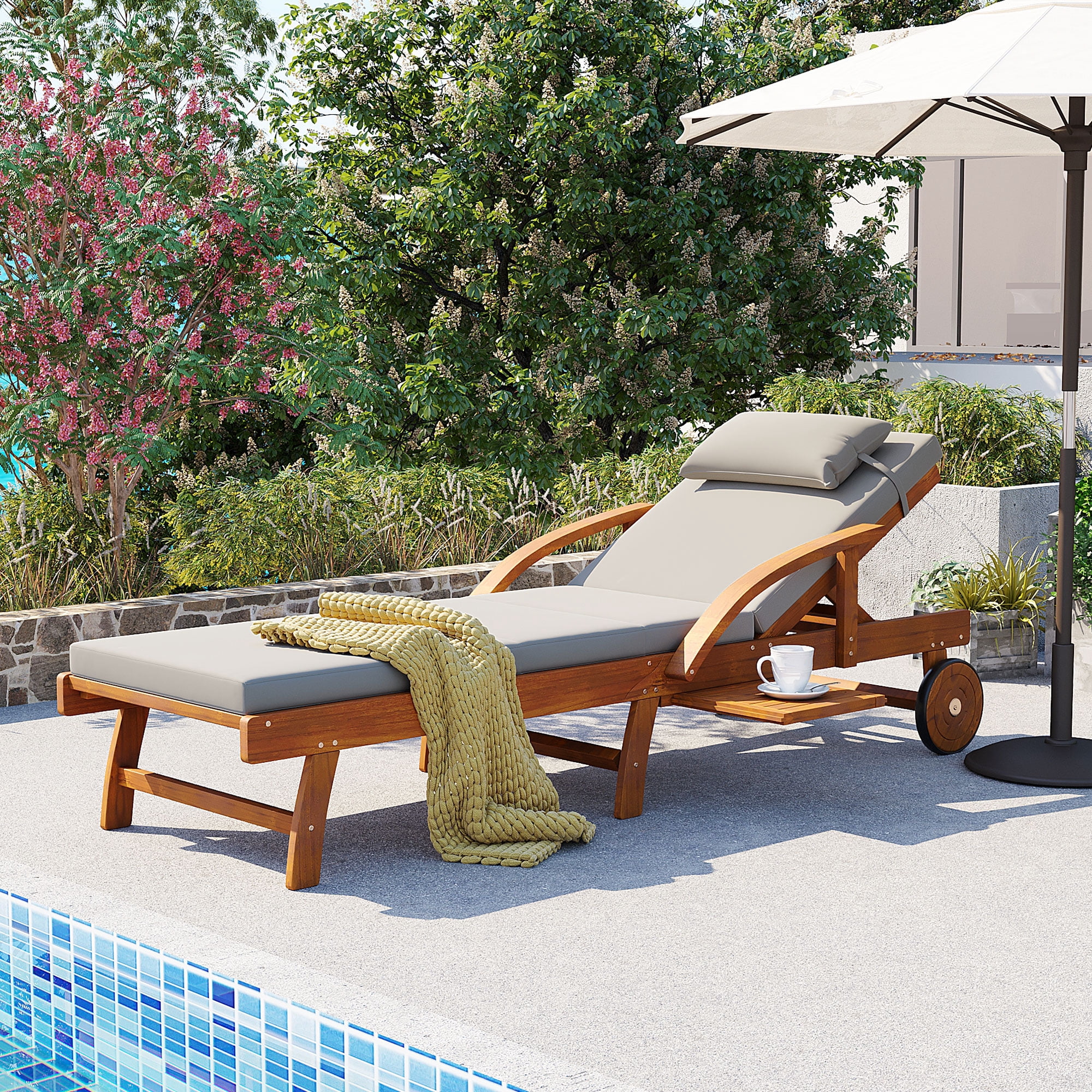 77.5" Acacia Wood Outdoor Patio Chaise Lounge Chairs with Adjustable Backrest and Side Tray