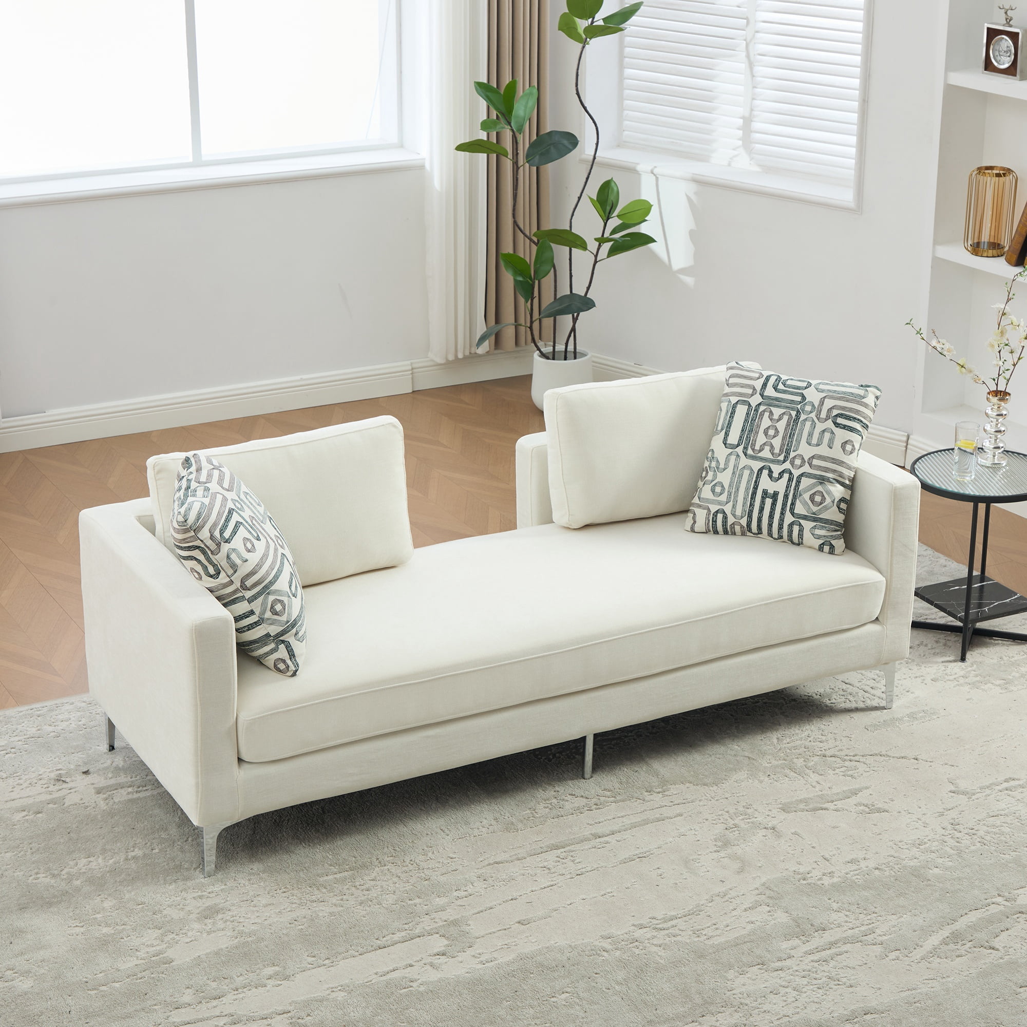 77.5-Inch Chenille Chaise Lounge with 4 Accent Pillows and Track Arms, Oversized Settee Daybed for Living Room and Bedroom, Ivory