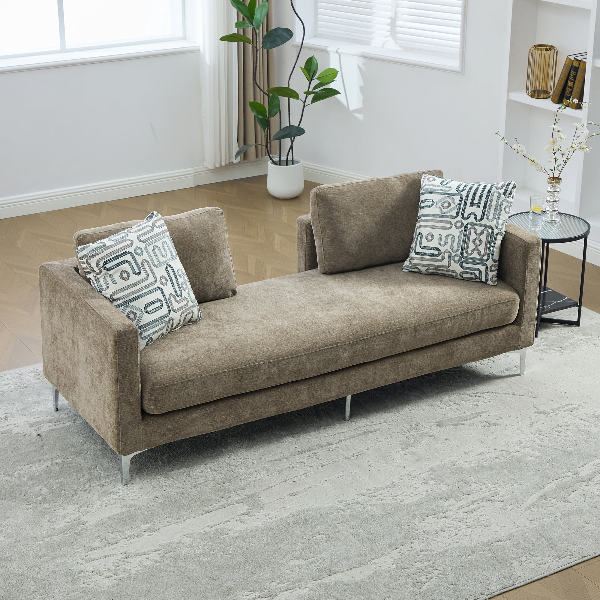 77.5-Inch Chenille Chaise Lounge with 4 Pillows and Open Backrest, Oversized Settee Daybed for Living Room and Guest Room, Taupe