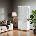 thumbnail image 1 of 77.5'' Tall Vintage Display Cabinet with Double Glass Doors - Traditional Style Hutch for Hallways, Living Rooms & Kitchens - White Washed Finish, 1 of 9