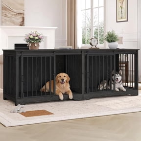 Hzuaneri 78" Large Double Dog Crate Furniture, Indoor Dog Kennel Furniture for 2 Dogs with Divider, Dual Sliding Barn Doors, Heavy Duty Dog Cage Furniture as TV Stand, Black