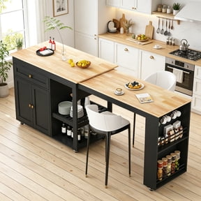 JassmiPkwy 77.8 " Rolling Kitchen Island with Extendable Dining Table, with Wheels, Sided Storage Shelf, Black