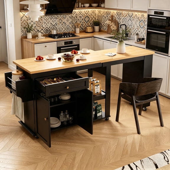 JassmiPkwy 77.8 " Rolling Kitchen Island with Extendable Dining Table, with Wheels, Sided Storage Shelf, Black