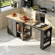 JassmiPkwy 77.8 " Rolling Kitchen Island with Extendable Dining Table, with Wheels, Sided Storage Shelf, Black