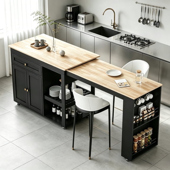 JassmiPkwy 77.8 " Rolling Kitchen Island with Extendable Dining Table, with Wheels, Sided Storage Shelf, Black