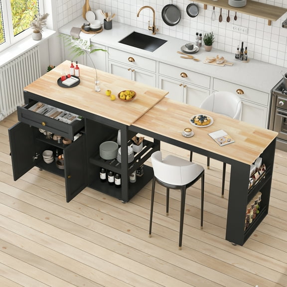 JassmiPkwy 77.8 Inch Rolling Kitchen Island with Extendable Dining Table, with Wheels, Sided Storage Shelf, Black