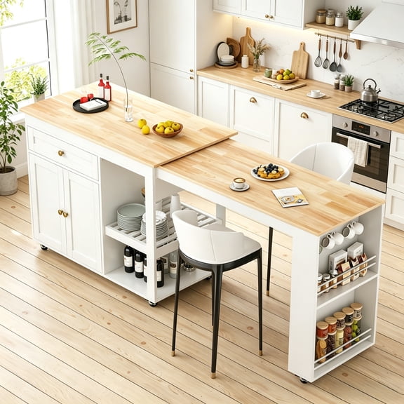 JassmiPkwy 77.8 " Rolling Kitchen Island with Extendable Dining Table, with Wheels, Sided Storage Shelf, White