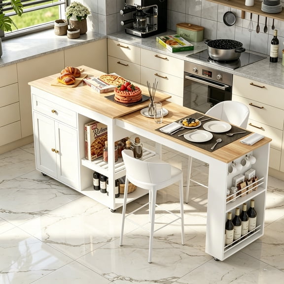 JassmiPkwy 77.8 " Rolling Kitchen Island with Extendable Dining Table, with Wheels, Sided Storage Shelf, White