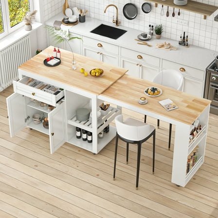 JassmiPkwy 77.8 Inch Rolling Kitchen Island with Extendable Dining Table, with Wheels, Sided Storage Shelf, White