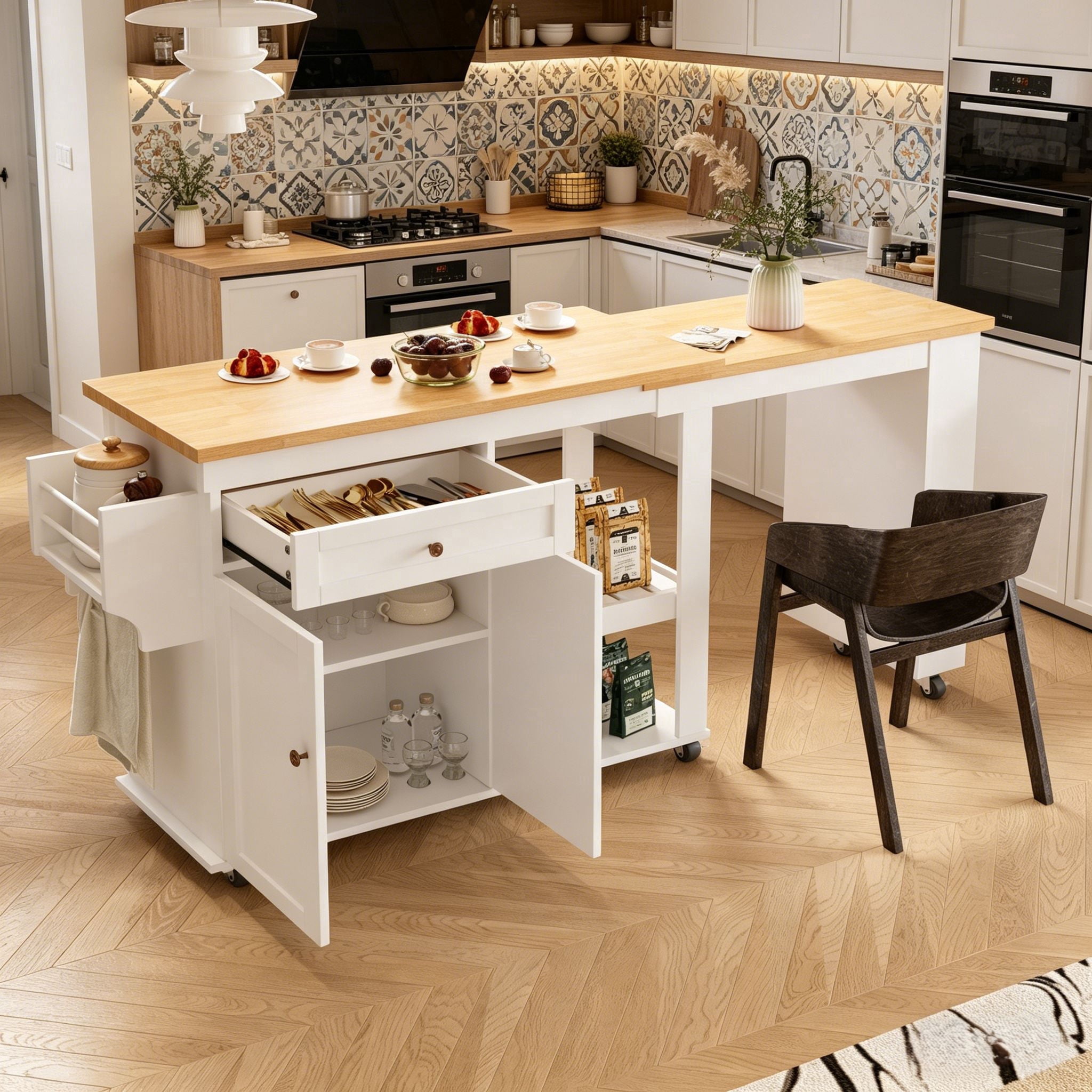 JassmiPkwy 77.8 " Rolling Kitchen Island with Extendable Dining Table, with Wheels, Sided Storage Shelf, White