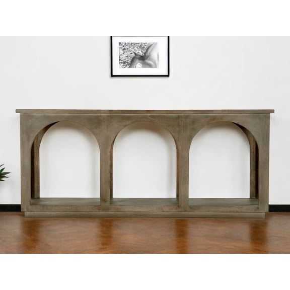 HomeRoots 604539 77 in. Brown Solid Wood Distressed Console Table with Arch Detailing