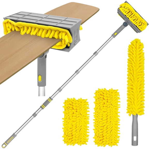 77" Ceiling Fan Cleaner Duster with Extension Pole, Extendable Flexible Dust Cleaning Brush, Chenille Mop for Baseboard Wall Floor Blinds Cobweb