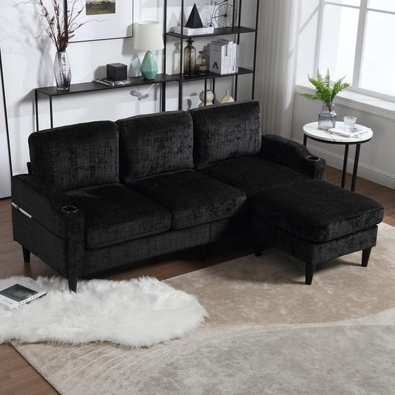 77" Convertible Sectional Sofa, Small L Shaped Sofa Couch with Storage Ottoman, Cup Holder and Magazine Bags