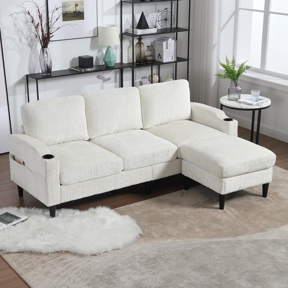 77" Convertible Sectional Sofa, Small L Shaped Sofa Couch with Storage Ottoman, Cup Holder and Magazine Bags