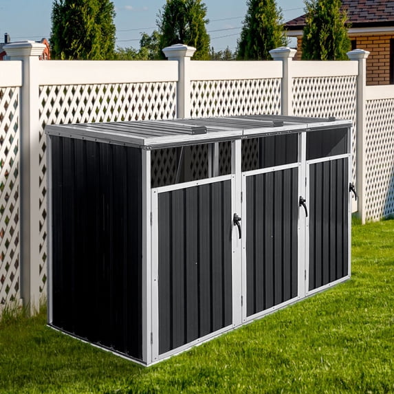 77 Cu.Ft Outdoor Storage Shed, 3 Trash Cans Storage Cabinet with Lockable Doors, Heavy Duty Metal Garbage Bin Shed for Garden Backyard, Grey