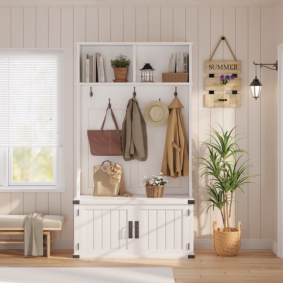 77" Farmhouse Hall Tree with Bench and Shoe Storage,Entryway Coat Rack with 5 Tri‑Hooks&Adjustable Shelf & 2 Top Cubbies,Storage Entryway Furniture