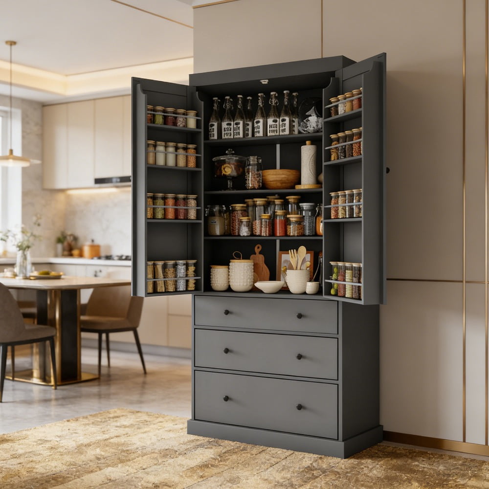 77" Farmhouse Kitchen Pantry - Freestanding Tall Cupboard Storage Cabinet with 3 Adjustable Shelves, 8 Door Shelves, 3 Drawers for Kitchen, Dining Room, Pantry Organization