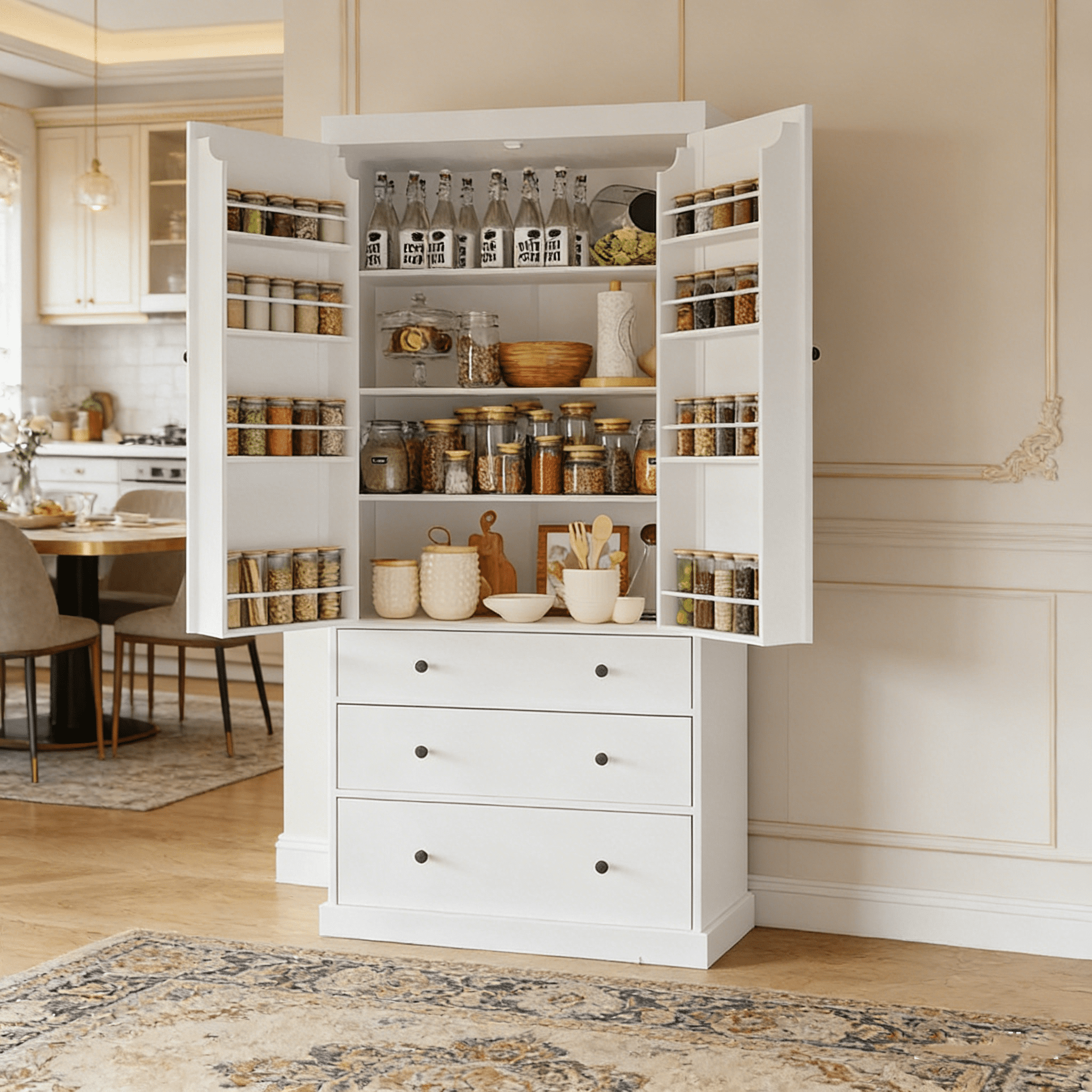 77" Farmhouse Kitchen Pantry - Freestanding Tall Cupboard Storage Cabinet with 3 Adjustable Shelves, 8 Door Shelves, 3 Drawers for Kitchen, Dining Room, Pantry Organization