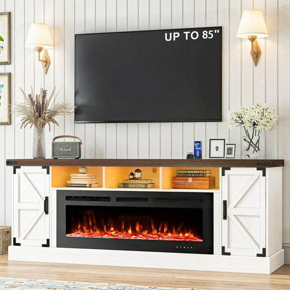 77'' Fireplace TV Stand for 85'' TVs, 50-Inch Electric Fireplace, LED Lights, Farmhouse Media Entertainment Center
