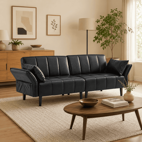 77" Faux Leather Sofa,Mid Century Modern Convertible Futon Sofa Bed Loveseat with Adjustable Armrest and Backrest,2 Pillows for Living Room,Office,Black