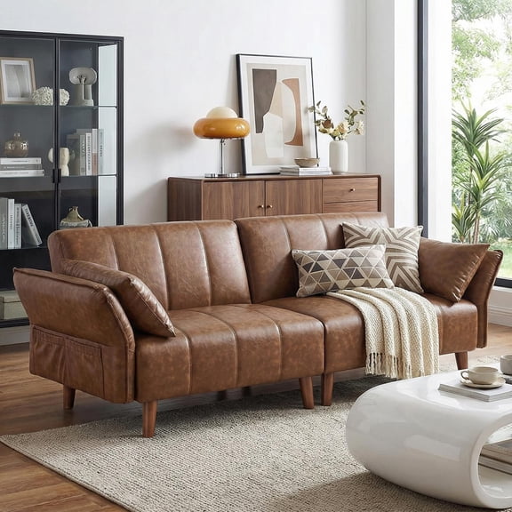 77" Faux Leather Sofa,Mid Century Modern Convertible Futon Sofa Bed Loveseat with Adjustable Armrest and Backrest,2 Pillows for Living Room,Office,Brown