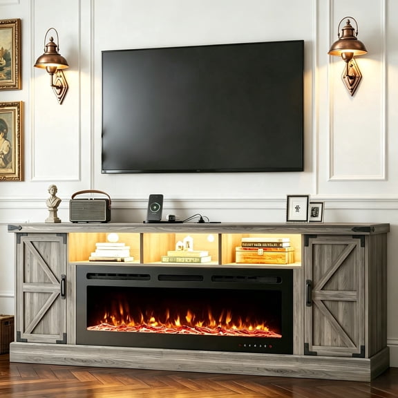 77" Fireplace TV Stand for 85" TV, 50" Electric Fireplace with LED Lights, Farmhouse Media Entertainment Center Console Table for Living Room Bedroom，Gray