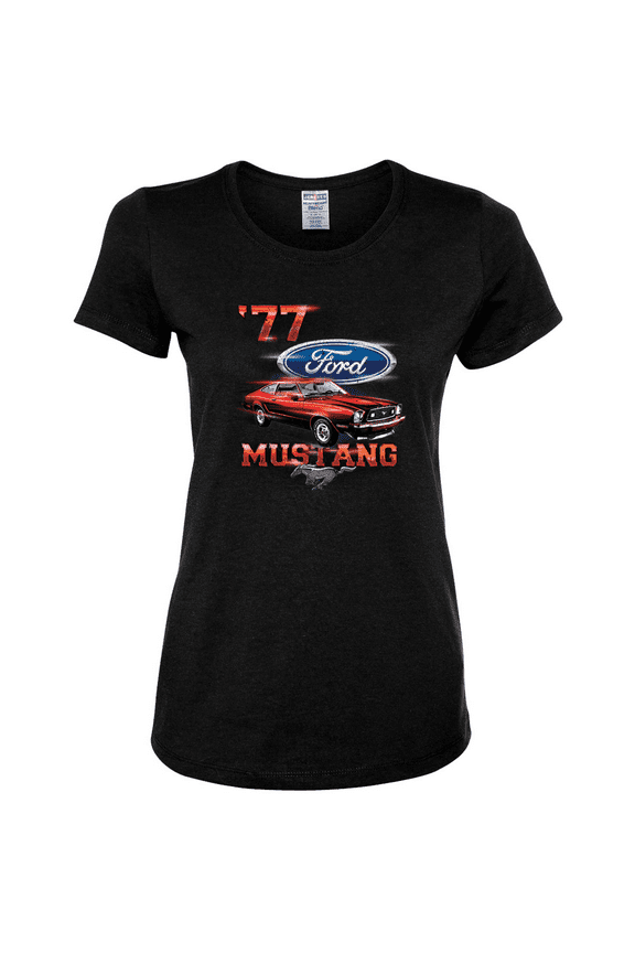 77 Ford Mustang Classic Red Hot Rod Classic Logo Cars and Trucks Womens Graphic T-Shirt