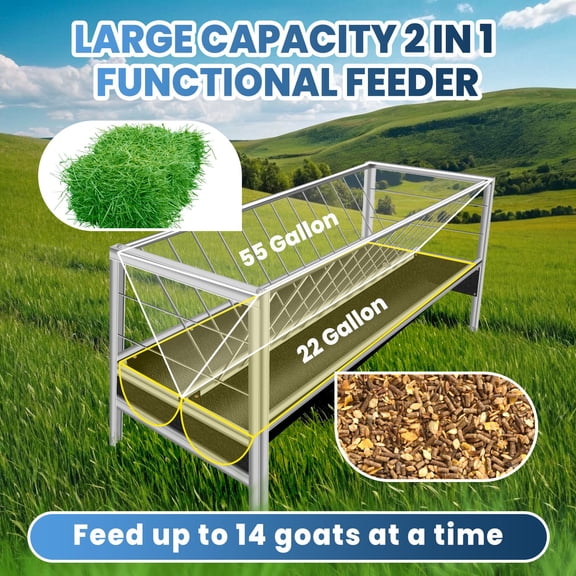77 Gallon Large Capacity Stainless Steel Goat Feeder, Rubber Trough for Goat Barn Pasture Horse Farm, Hay Feeder for Lamb Sheep (Stainless & Rubber Tray)