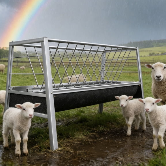 77 Gallon Stainless Steel Hay Feeder, 19.6" Rubber Trough Can Be Used as Water or Feed Bowl, 2-in-1 Anti-Waste Design for Goats Sheep Horses Cattle