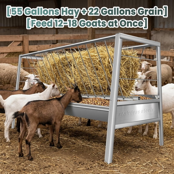 77 Gallon Stainless Steel Livestock Feeder, Dual Use Hay & Grain Freestanding Feeding Rack, Heavy Duty Goat Sheep Trough for Barn Pasture, Feeds Up to 18 Animals