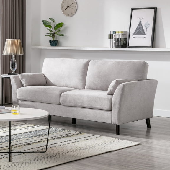 77" Gray, 64" Seat Width, 2 Accent Pillows, Pocket Coil Seating, Dark Brown Solid Wood Leg Gray Velvet , 19.75" Height,
