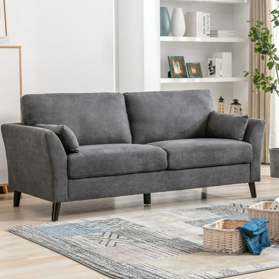 77" Gray Velvet Couch, 2 Cushions, Relaxing Pocket Coil Seating, Wood Leg Grey Woven Fabric , Accent Pillows, Enjoyable