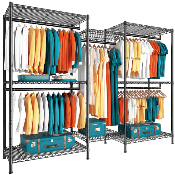 74.5" W Clothes Rack Heavy Duty Garment Rack Closet Organizer with 8 Shelves & 5 Hanger Rods,Black
