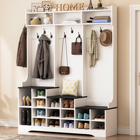 77" Hall Tree with Shoe Storage, Entryway Bench with Coat Rack, 16 Shoe Cubbies & 10 Coat Hooks, Compartments Top Shelf Freestanding Entrance Organizer Hall Tree for Entryway Hallway, White