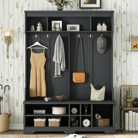 HOMCOM 3-In-1 Hall Tree with Bench and Storage, Coat Rack with LED ...