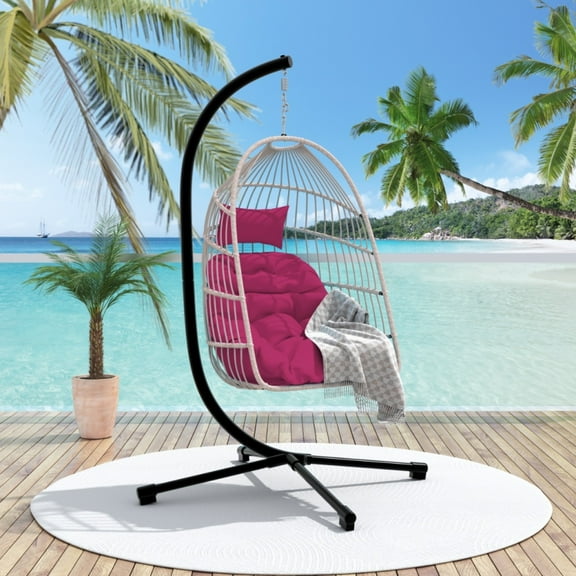 77" Hanging Egg Chair with Stand and Pillow, Outdoor Patio Wicker Swing Egg Chair with Cushioned, Heavy Duty Frame Hammock Egg Chair for Indoor Outdoor, Rose Red