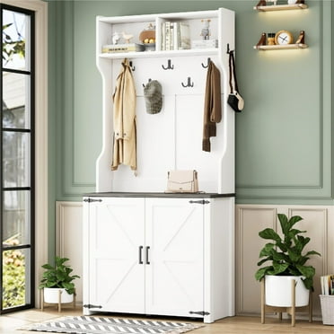 77 Inch 4-in-1 Hall Tree with Wheels, Movable Bench with 7 Hanging Hooks and Shoe Storage Cabinet, Entryway Coat Rack with Barn Doors for Hallway/Living Room/Mudroom, White
