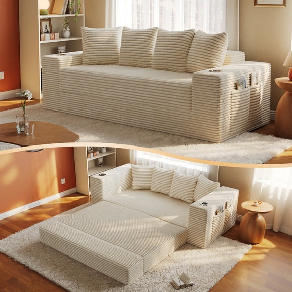 77‑Inch Boneless Convertible Sleeper Sofa, Frameless Teddy & Corduroy Floor Couch Bed with Cup Holders, Side Storage, 30D High‑Density Foam, Cream