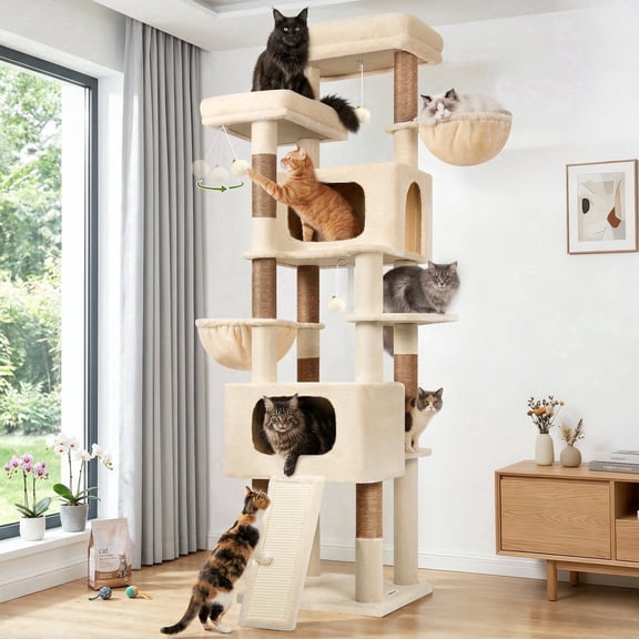 77 Inch Cat Tree for Large Cats, Multi-Level Cat Tree with 2 Condos, Stable Cat Tree for 2-3 Cats, Reinforced Base, Skin-Friendly Plush, Sisal Scratching Posts, S77E, Beige