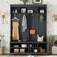 thumbnail image 1 of 77 Inch Hall Tree With Bench And 6 Hooks For Entryway Organization, Mudroom Storage Cabinet With 7 Shoe Cubbies And Overhead Shelf, Black, 1 of 7