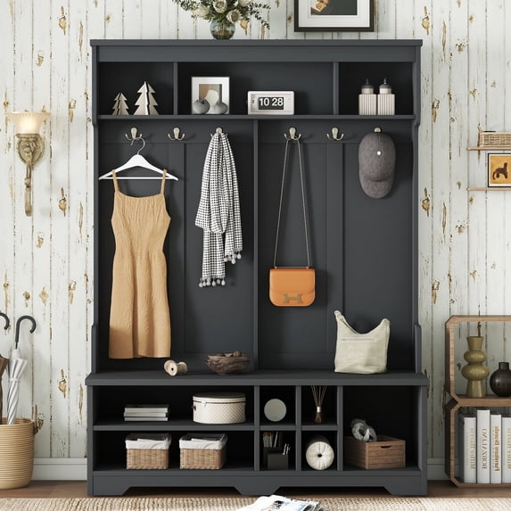 77 Inch Hall Tree With Bench And 6 Hooks For Entryway Organization, Mudroom Storage Cabinet With 7 Shoe Cubbies And Overhead Shelf, Black