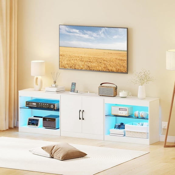 77-Inch LED TV Stand for TVs up to 85 Inches with Power Outlets, Remote Control, Adjustable Shelves, and Cable Hole, Modern Media Console, White