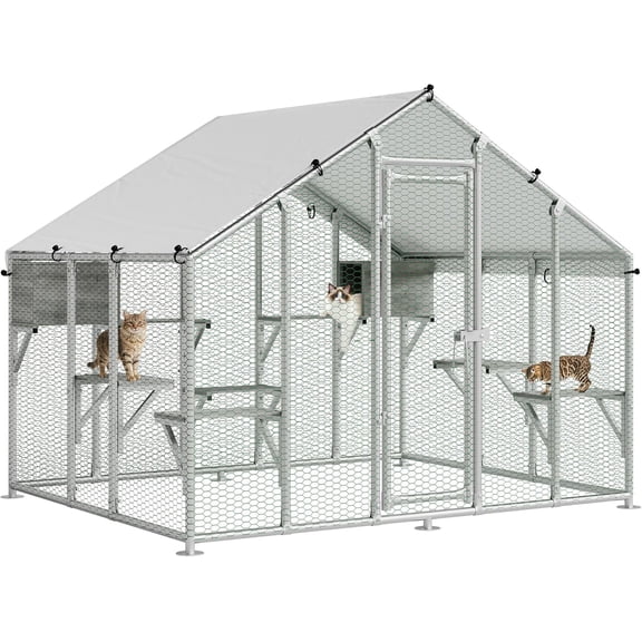 77 Inch Large Outdoor Cat Enclosure Walk In Catio, Waterproof Covered Cat Run with Multiple Platforms and Resting Boxes for Yard Use
