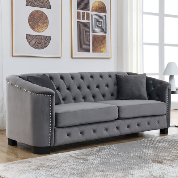 77-Inch Modern Chesterfield Velvet Sofa, 3-Seater Sofa, Upholstered Tufted Backrests with Nailhead Arms and 2 Cushions for Living Room, Bedroom, Apartment, Office (Grey)