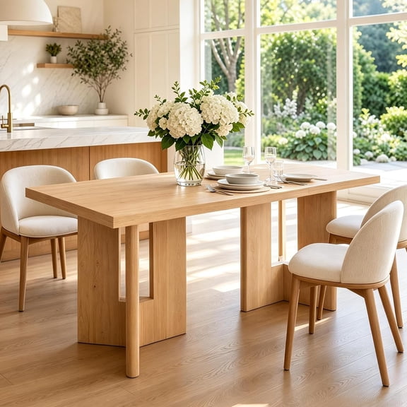 77 Inch Rectangular Dining Table for 4-6, MDF Top with Oak Veneer, Slab Panel Base, Sturdy Kitchen Dining Table, Easy Assembly,Natural Wood