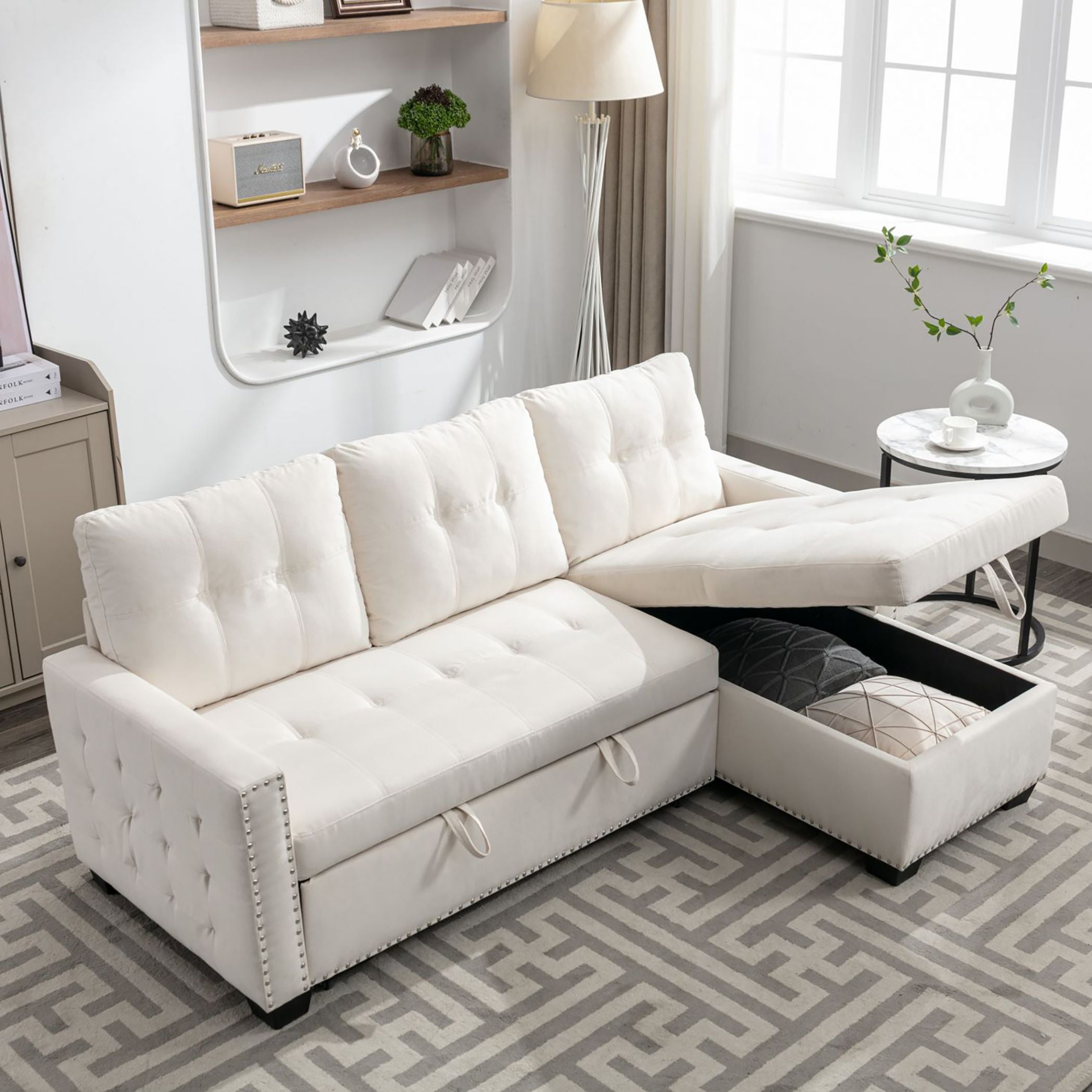 77 Inch Reversible Sectional Storage Sleeper Sofa Bed , LShape 2 Seat